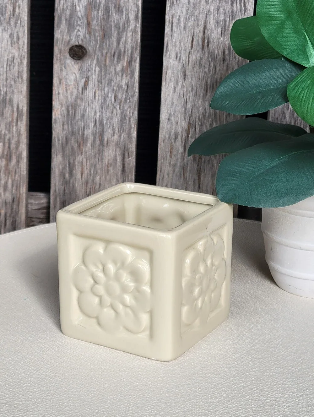 Embossed Floral Ivory Square Ceramic Container